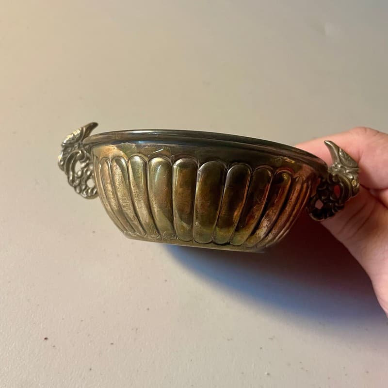 Midcentury Mexican sterling silver double peacock handled bowl by AOM for Tane O - Thumbnail 4
