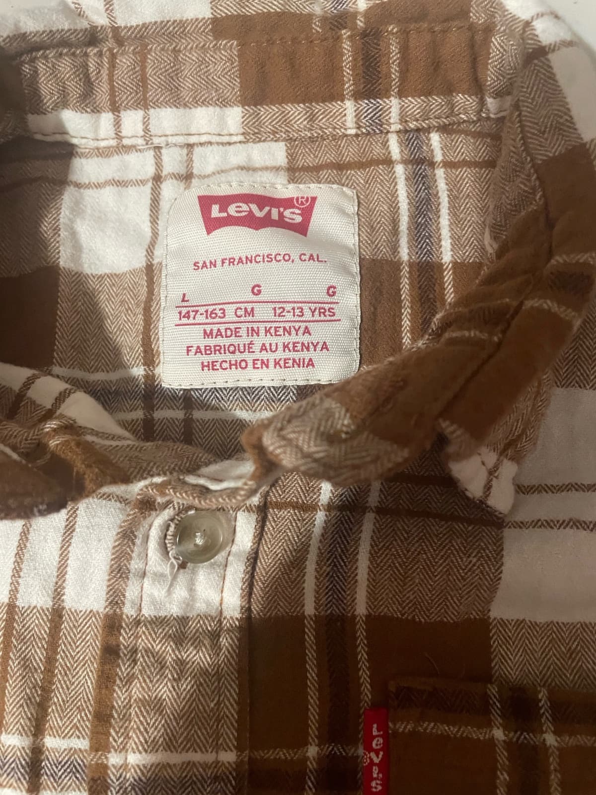 Levi's Brown Plaid Long Sleeve Youth Large Shirt Size 12-13 Yrs Made in Kenya - Thumbnail 2