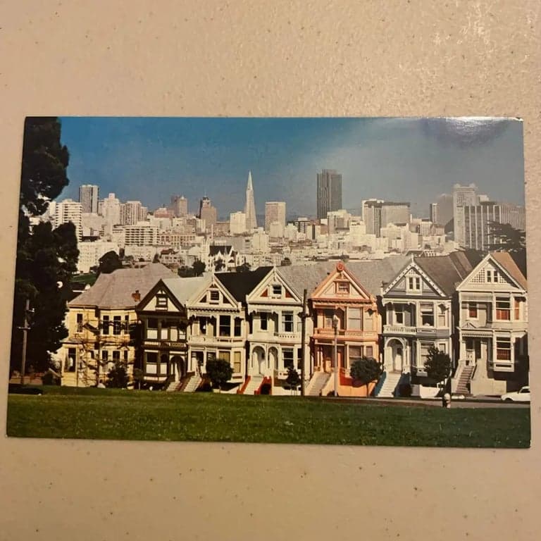 Postcard Victorian Houses in San Francisco CA Contrasts with Skyscrapers - Image 1