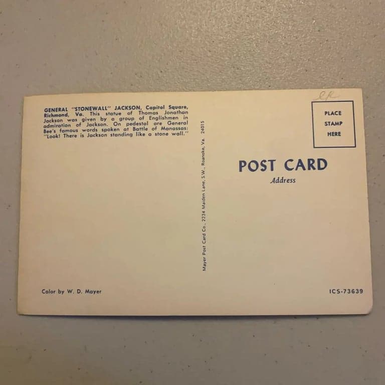 Postcard General Jackson Statue Capitol Square Richmond Virginia - Thumbnail 2