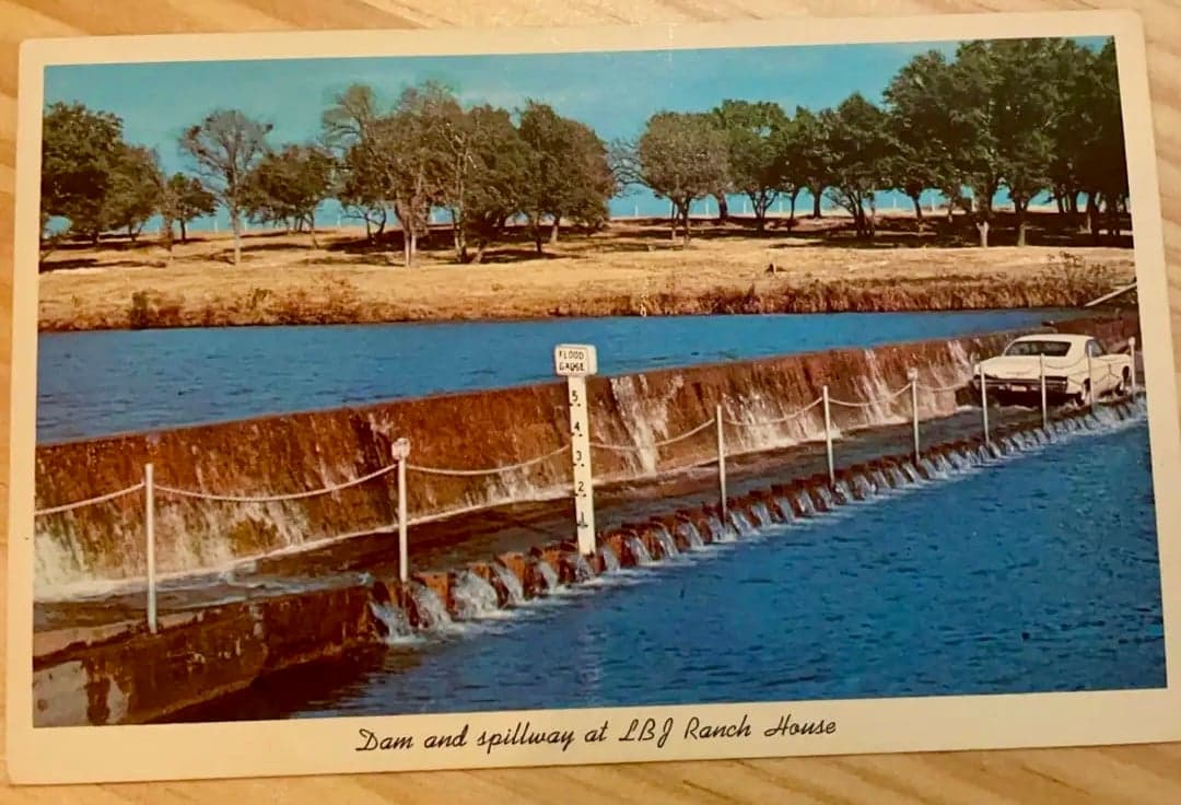 Postcard LBJ Ranch House Spillway Old Car Pedernales River Texas - Image 1