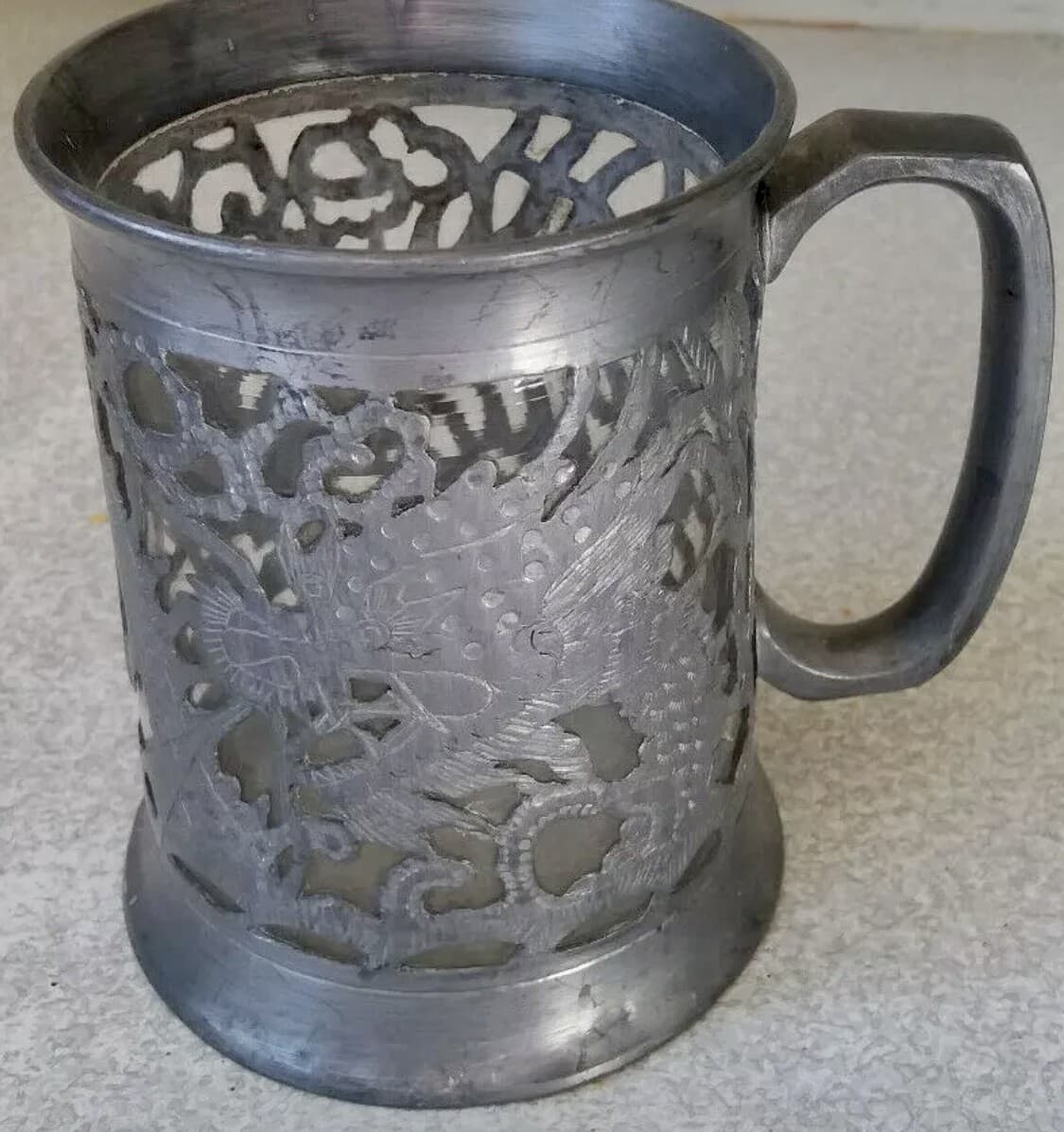 ANTIQUE / VINTAGE PEWTER ALE / BEER TANKARD W/ CUT OUT DRAGON CHINESE SENGHENG - Image 1