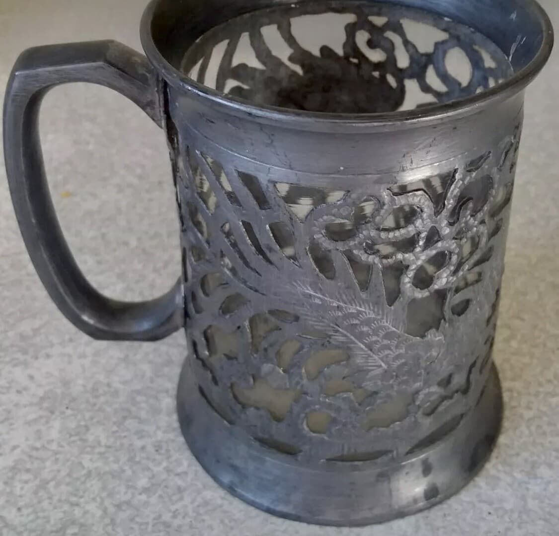 ANTIQUE / VINTAGE PEWTER ALE / BEER TANKARD W/ CUT OUT DRAGON CHINESE SENGHENG - Thumbnail 3
