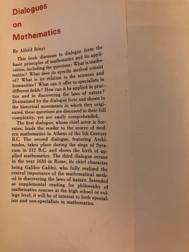 Dialogues on mathematics Alfred Renyi 1967 Hardcover Holden-Day - Thumbnail 3