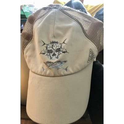 Columbia PFG Cap Skull Crossbones Tuna Wahoo Sharks beige Hat Trucker Fishing - Thumbnail 3