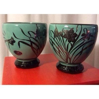 Art Nouveau Cambridge 1895-1920s Sterling silver overlay Teal glass Jardinieres - Image 1