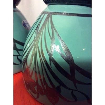 Art Nouveau Cambridge 1895-1920s Sterling silver overlay Teal glass Jardinieres - Thumbnail 9