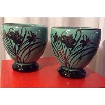 Art Nouveau Cambridge 1895-1920s Sterling silver overlay Teal glass Jardinieres - Thumbnail 2