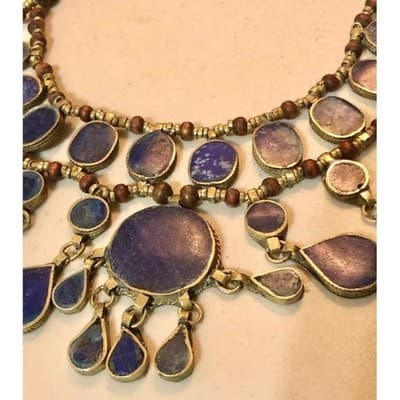 Bohemian Layered Statement Necklace Lapis Lazuli Stone Beads - Thumbnail 3