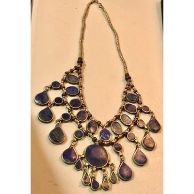 Bohemian Layered Statement Necklace Lapis Lazuli Stone Beads - Image 1