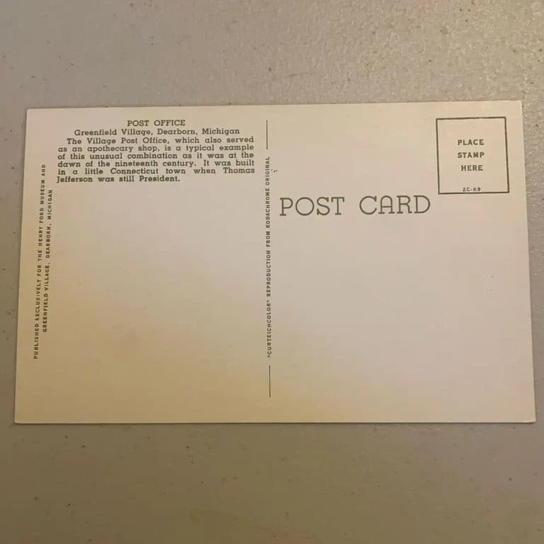 Post Office Greenfield Village Dearborn Michigan Chrome Postcard - Thumbnail 2