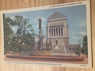 De Pew Fountain University Park Indianapolis Postcard WWII Memorial Stamped Used - Image 1