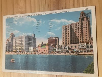 Vintage 1938 Long Beach Rainbow Pier Postcard Colorful Posted California T209 - Image 1