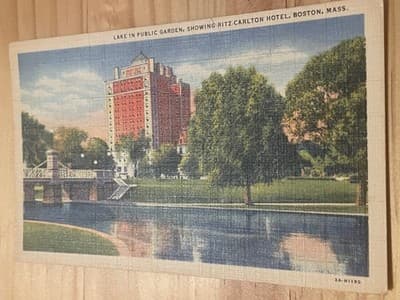 Curteich Chicago Postcard Lake in Public Garden Ritz-Carlton Hotel Boston Linen - Image 1