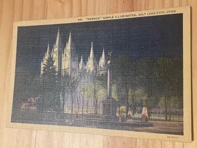 Curteich Postcard Mormon Temple Illuminated Salt Lake City Utah Postmarked 1942 - Image 1