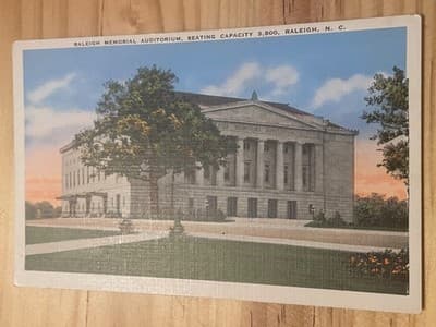 Raleigh Memorial Auditorium Postcard Raleigh NC Unposted Vintage Linen 7647 - Image 1