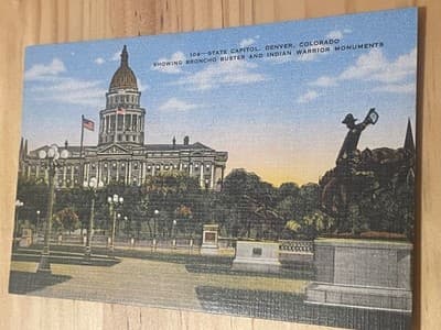 Denver Colorado State Capitol Postcard Linen Unused Natural Color Broncho Buster - Image 1