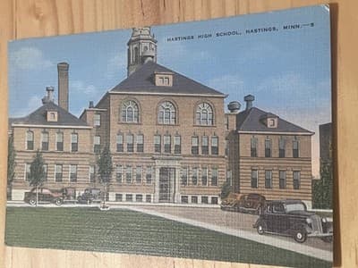 Hastings High School Hastings MN Vintage Linen Postcard Building Cars E C Kropp - Image 1