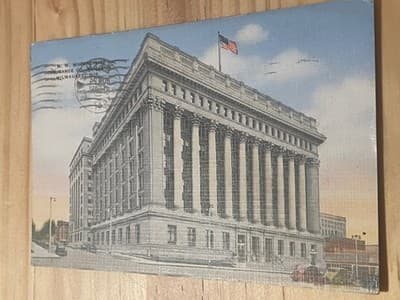 Vintage Waukesha WI Postcard Fuller Building Columns Flag Mailed 1 Cent Stamp - Image 1