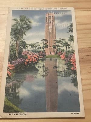 Singing Tower Lake Wales Postcard 1940s Linen Color Mountain Lake Sanctuary - Image 1