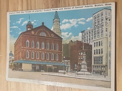 Faneuil Hall Boston Postcard Samuel Adams Statue Unposted Color Vintage Historic - Image 1