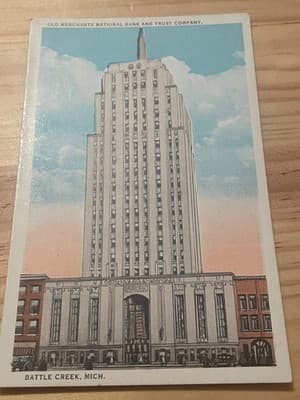 Battle Creek Mich Old Merchants National Bank Postcard Vintage Illustrated - Image 1