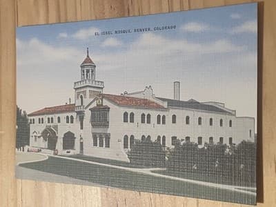El Jebel Mosque Denver Colorado Postcard Natural Color Linen Texture Unposted - Image 1