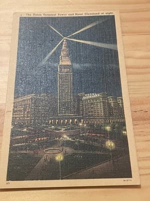 Tichnor Union Terminal Tower and Hotel Cleveland Night Postcard Braun Art View - Image 1