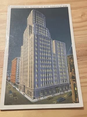 Northwestern Bell Telephone Bldg Minneapolis Postcard 1940 Postmarked Night View - Image 1