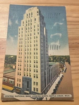 Central National Bank Postcard Battle Creek MI Linen 1c Stamp Postmark Vintage - Image 1