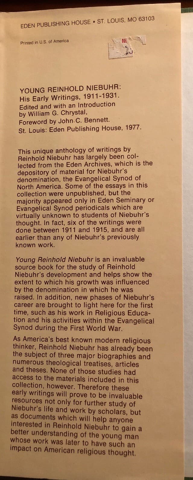 YOUNG REINHOLD NIEBUHR His Early Writings By W. G. Chrystal 1st Printing 1977 - Thumbnail 2