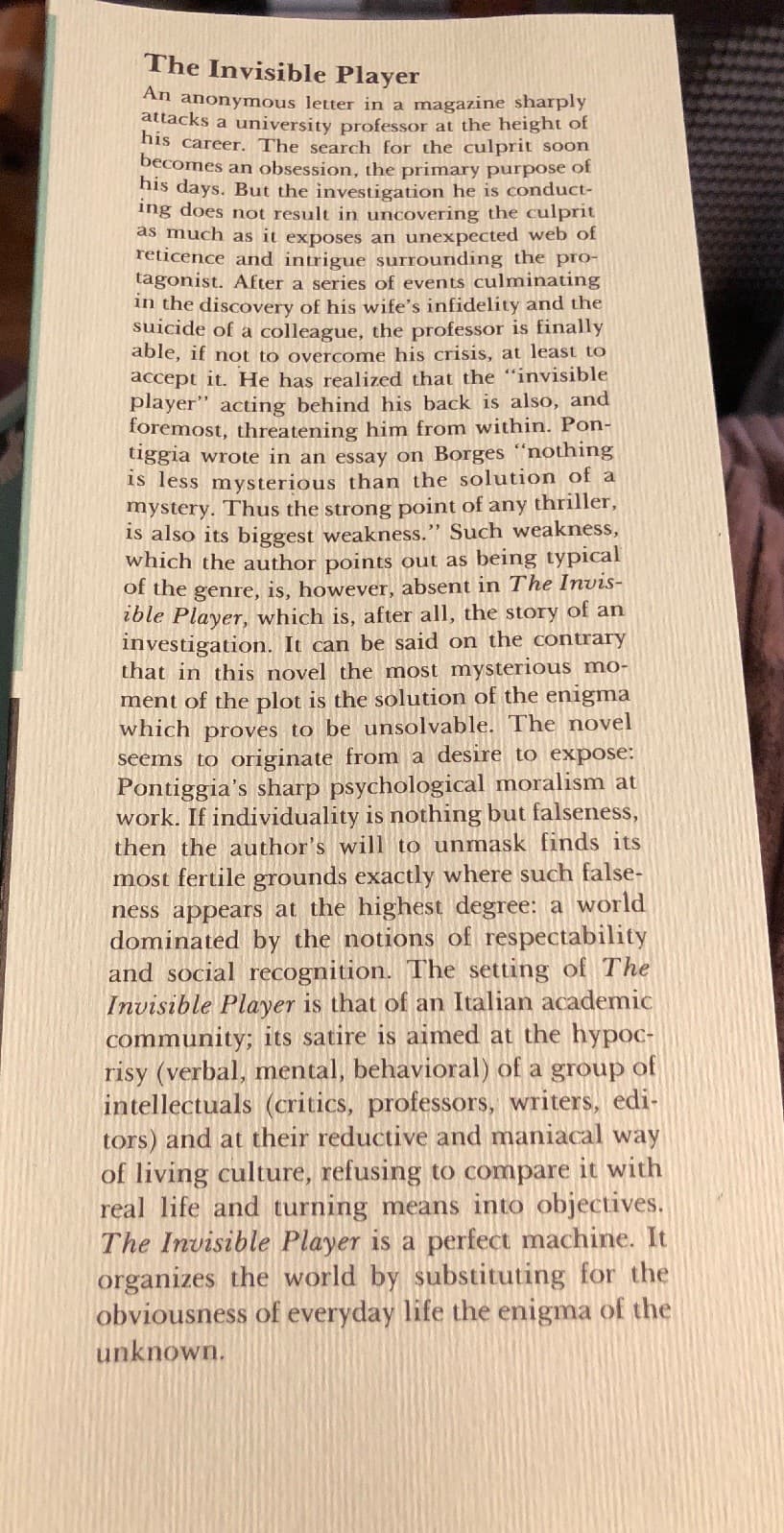 The Invisible Player (Eridanos Press Library) Pontiggia, Giuseppe 1st Printing - Thumbnail 3