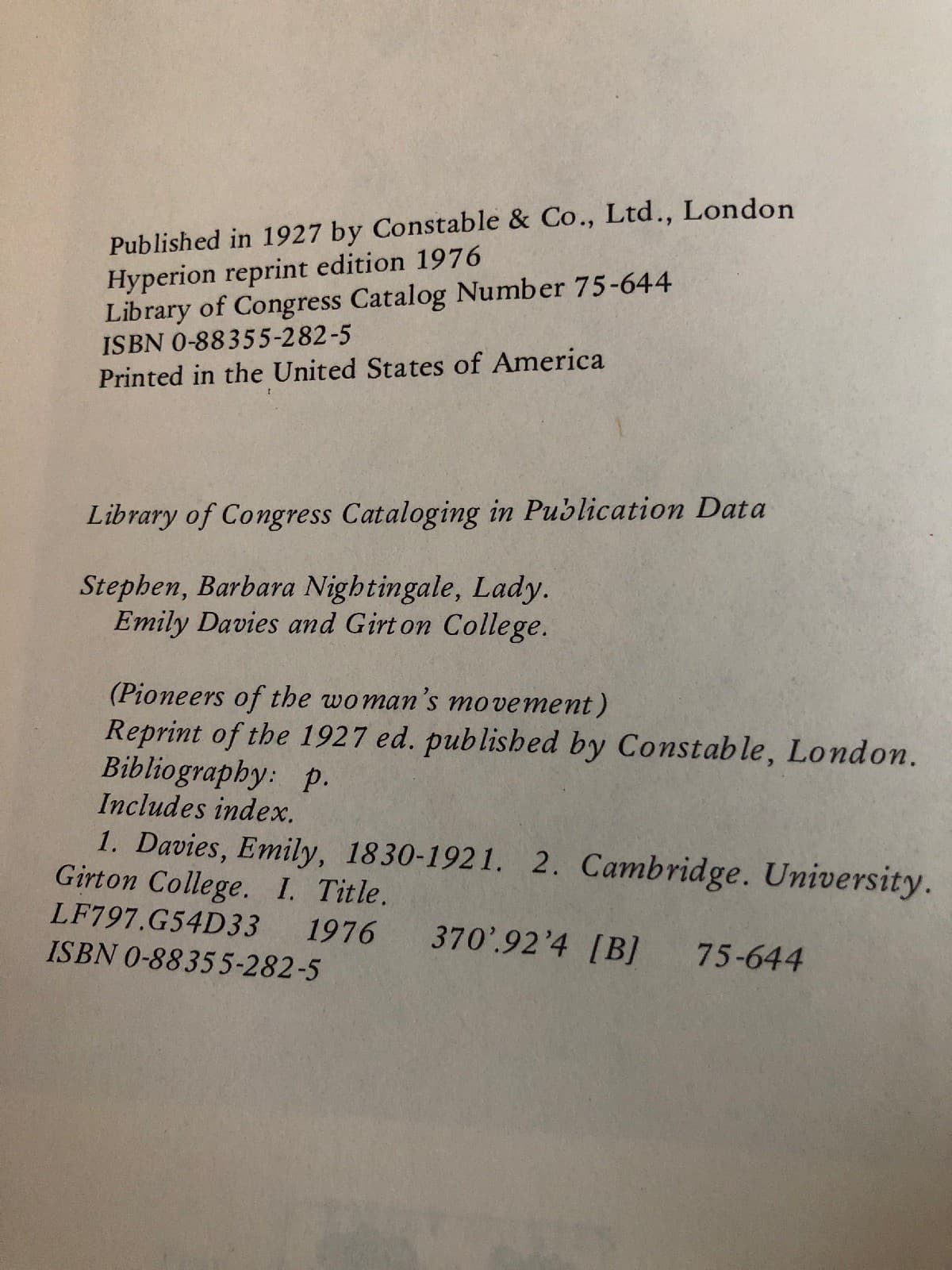 Barbara Nightingale Stephen Emily Davies and Girton College 1st Edition HC 1976 - Thumbnail 4