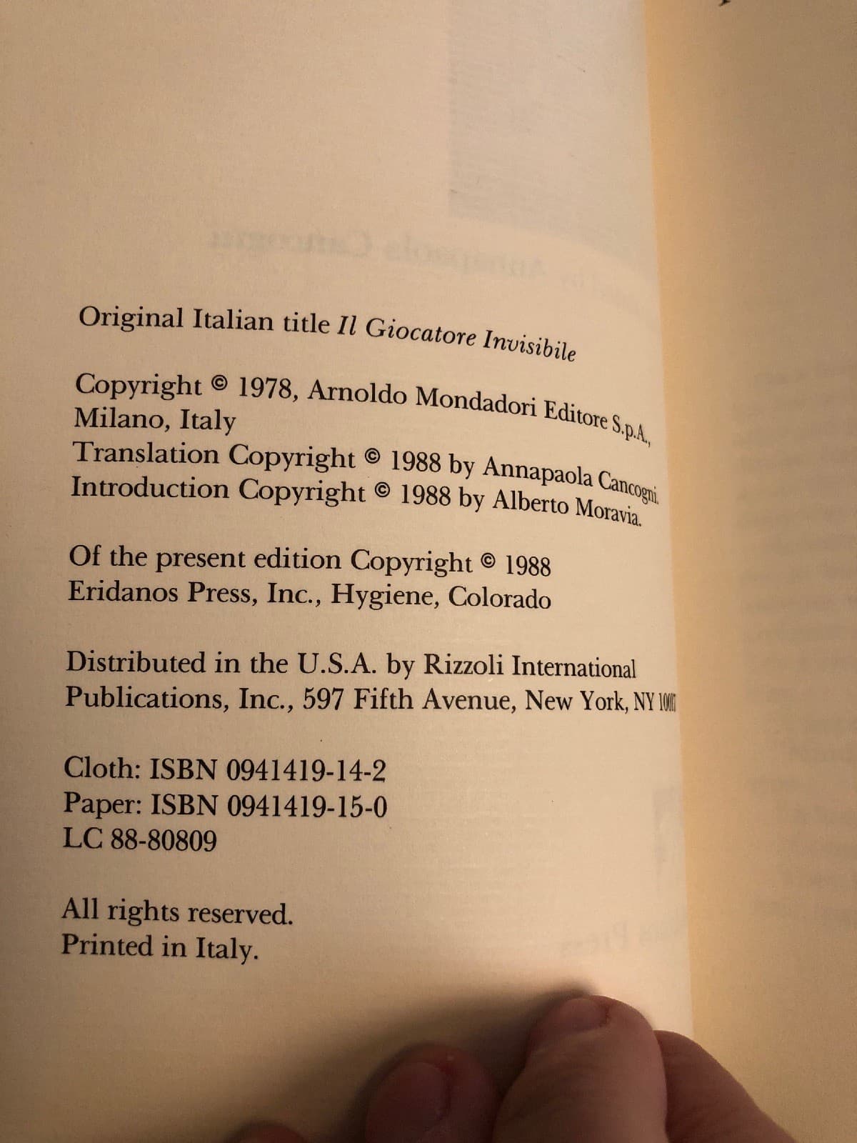 The Invisible Player (Eridanos Press Library) Pontiggia, Giuseppe 1st Printing - Thumbnail 4