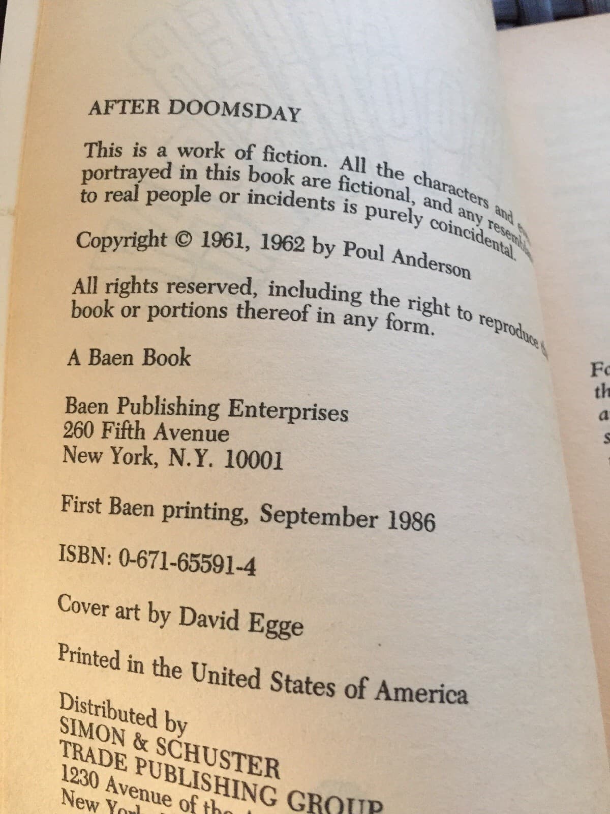 POUL ANDERSON AFTER DOOMSDAY, FIRST BEAN PRINTING, SEPTEMBER 1986 - Thumbnail 2