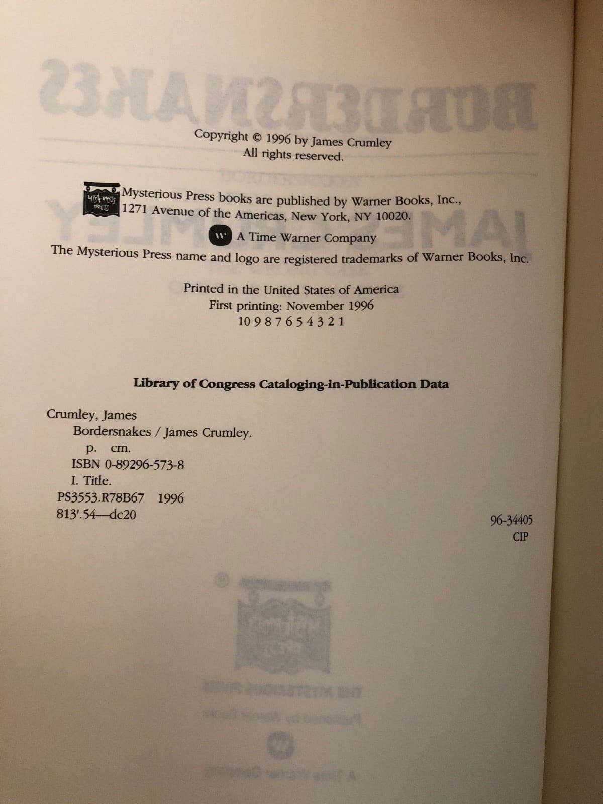 Crumley, James BORDERSNAKES 1st Edition 1st Printing 1996 Hardcover - Thumbnail 4