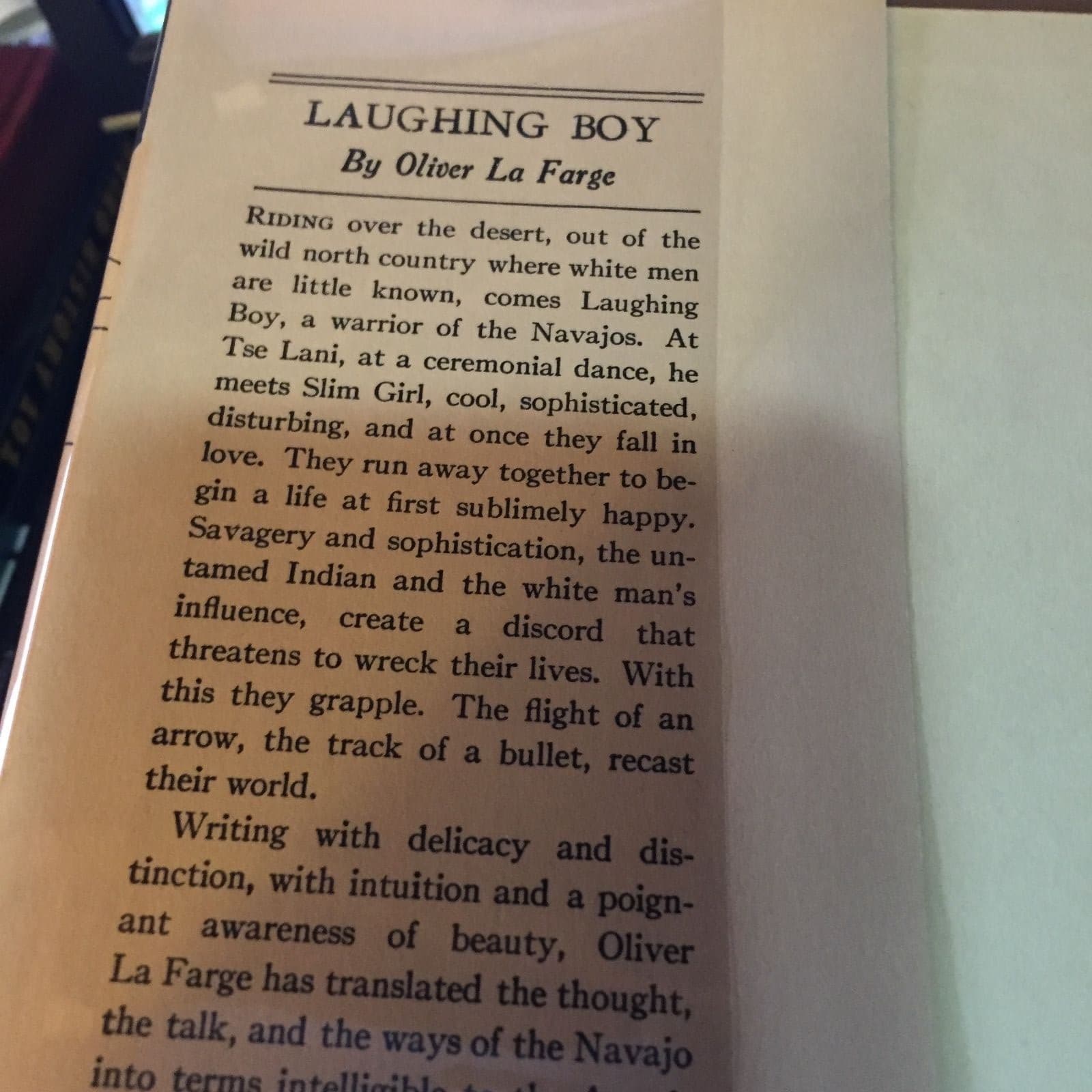 LAUGHING BOY 1st edition, 2nd printing jacket La Farge Pulitzer Prize winner - Thumbnail 3
