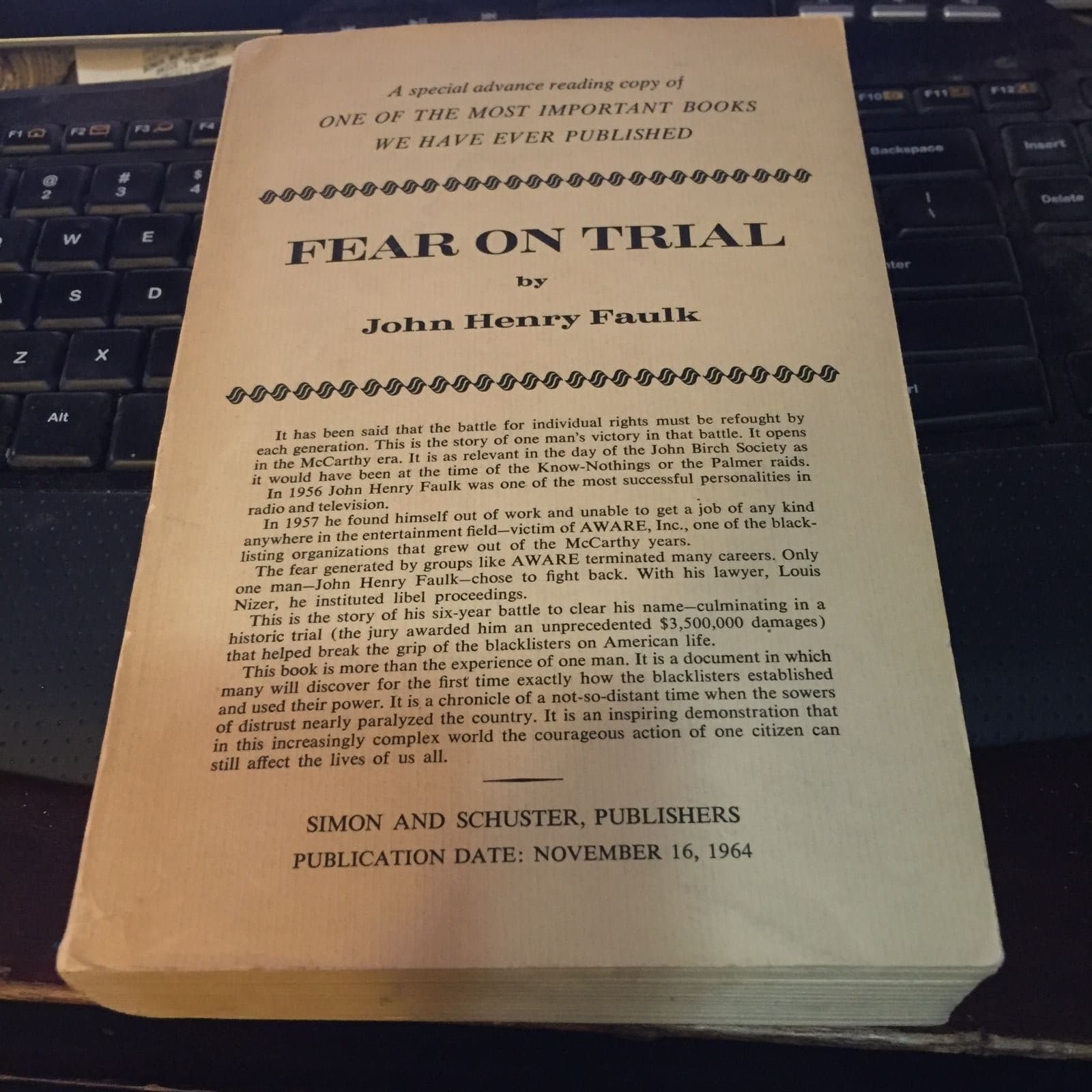 ARC advance reading copy! 1964 Fear on Trial by Faulk - Image 1