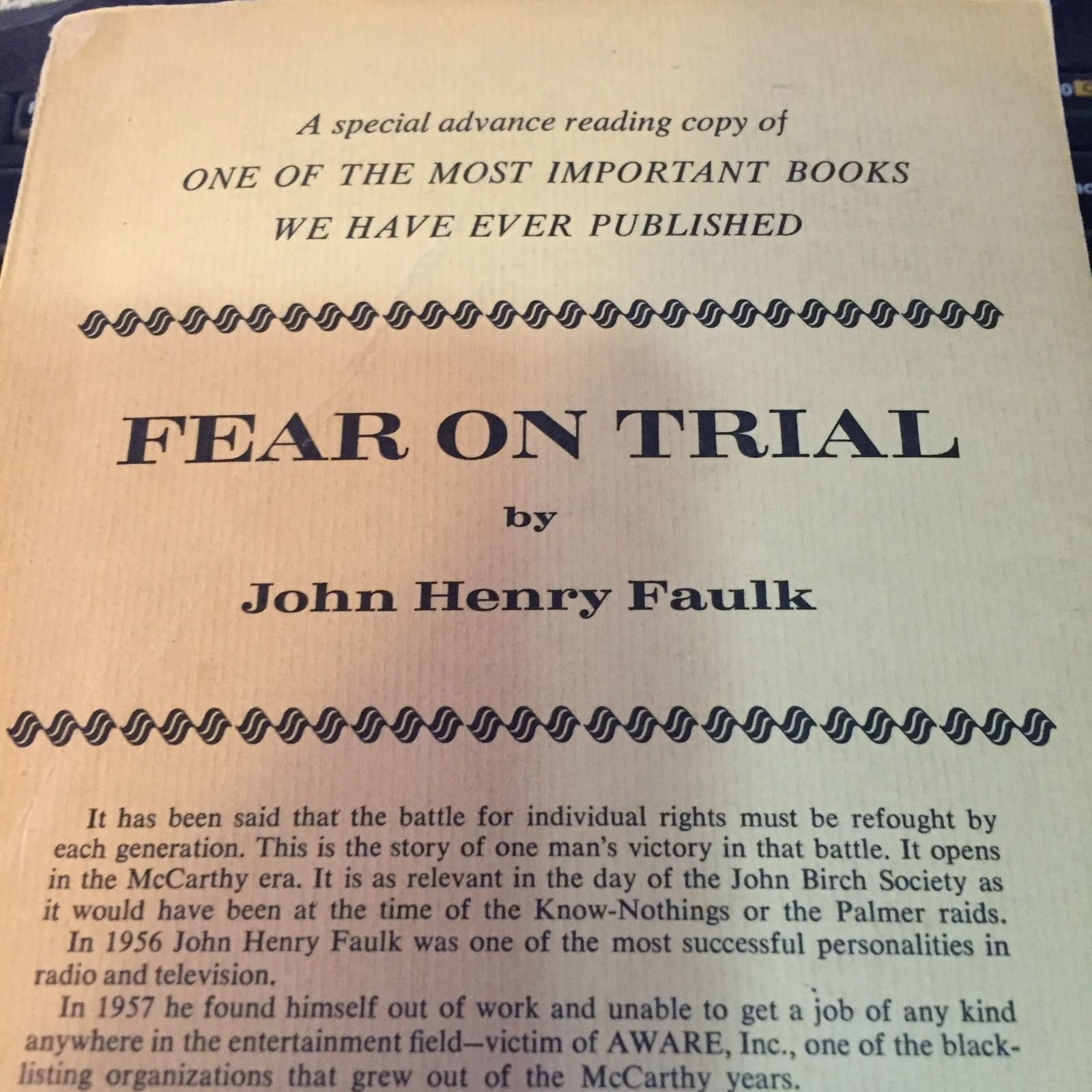 ARC advance reading copy! 1964 Fear on Trial by Faulk - Thumbnail 3