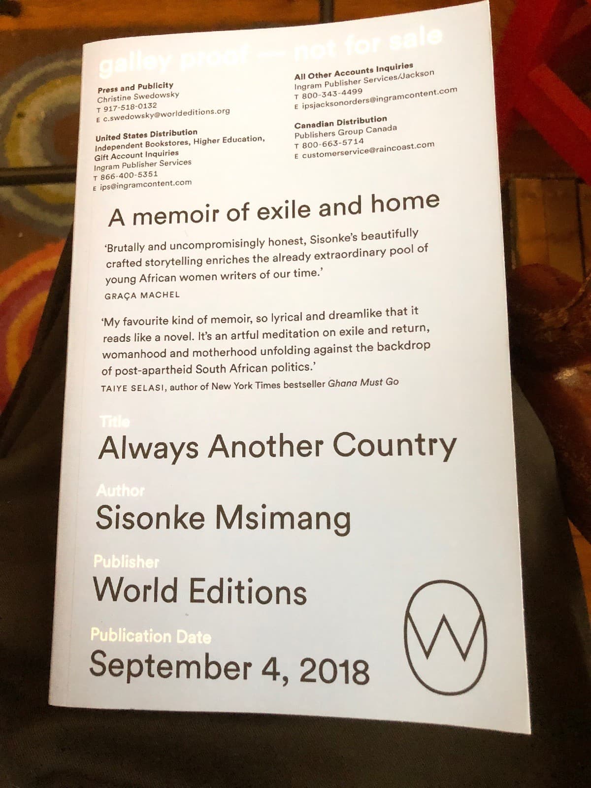 Always Another Country A Memoir of Exile & Home by Sisonke Msimang Galley Proof - Image 1