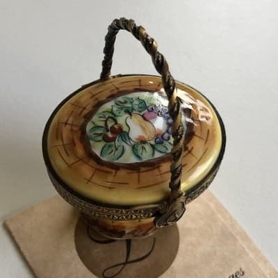 Limoges Porcelain Trinket Box Fruit Pear Cherries Gilded Basket - Thumbnail 3