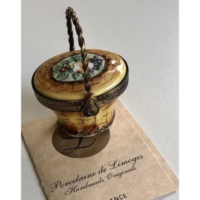 Limoges Porcelain Trinket Box Fruit Pear Cherries Gilded Basket - Image 1