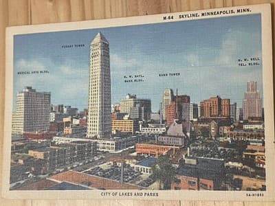 Curteich Skyline Minneapolis MN Postcard Foshay Tower City Lakes Art-Colortone - Image 1