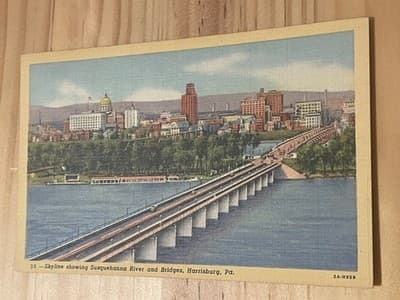 Curt Teich Postcard Skyline Susquehanna River Bridges Harrisburg PA Unposted - Image 1