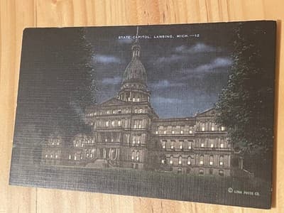 Linn Photo Co Lansing Michigan State Capitol Postcard Night View Unposted USA - Image 1