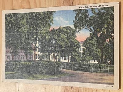 Curteich Postcard High School Lowell MA Linen Mailed Postmark Aug 23 Vintage - Image 1
