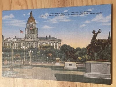 State Capitol Denver Colorado Postcard Bronco Buster Indian Warrior Unposted - Image 1