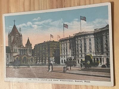 Trinity Church Hotel Westminster Boston Postcard Vintage Postmarked Handwritten - Image 1