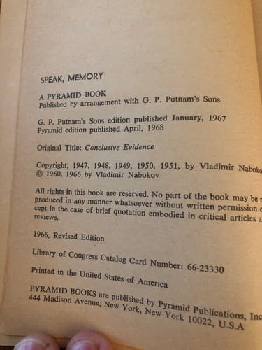 Speak memory: An autobiography revisited 1966 Pb Pyramid - Thumbnail 3