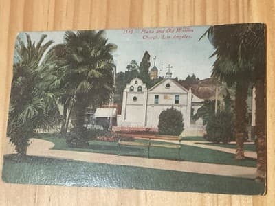 Vintage Los Angeles Postcard Plaza and Old Mission Church Hand Colored Unposted - Image 1